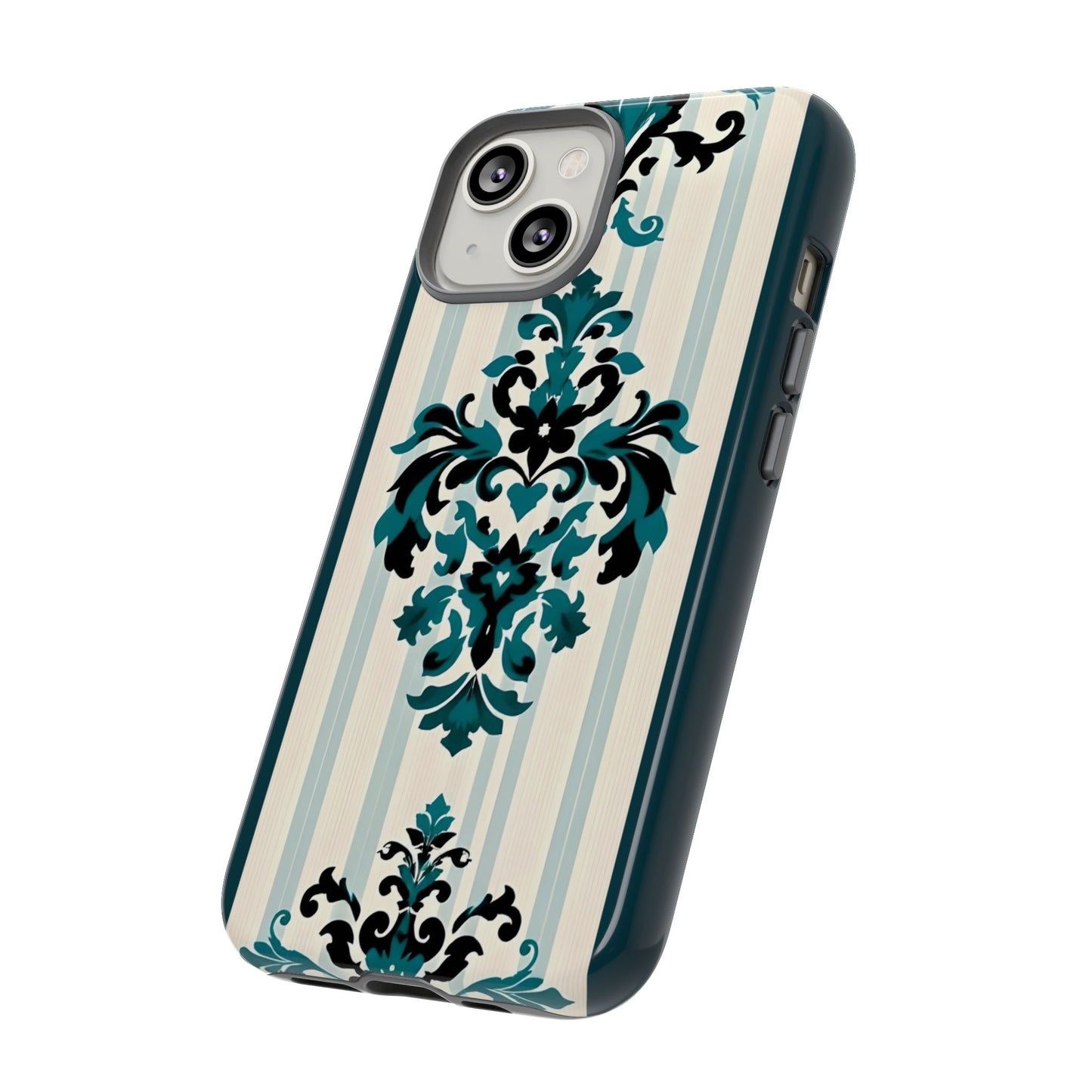 Elegant Floral Phone Case - Tough Cases with Vintage Design - Teal Striped Damask