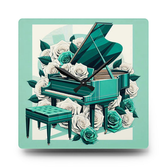 Elegant Aqua Piano and Roses Acrylic Wall Clock - Perfect Gift for Music Lovers