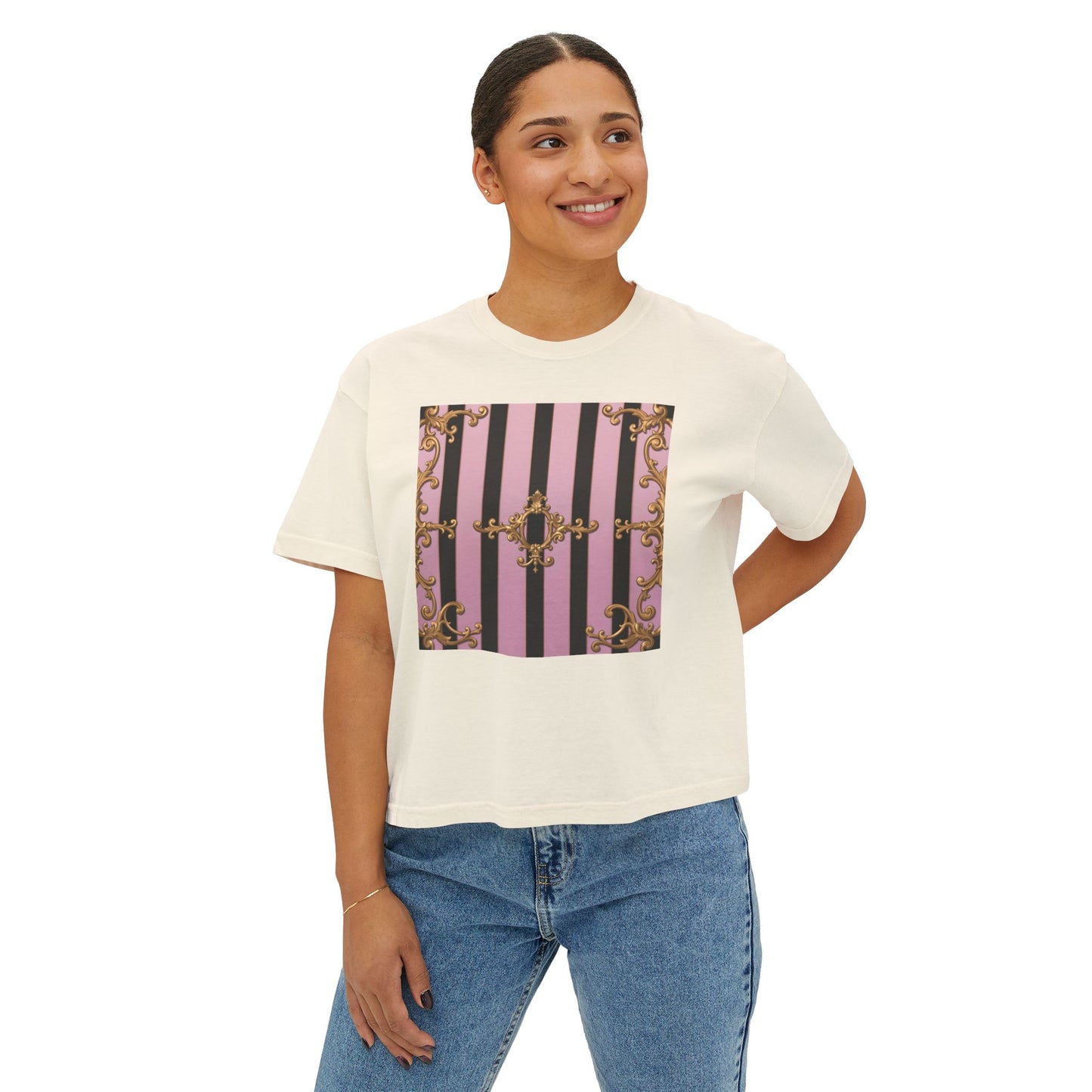 Chic Women's Boxy Tee, Vintage Striped Top, Trendy Short Sleeve Shirt, Casual Fashion T-Shirt - Matte Lavender & Black Striped Gold Baroque