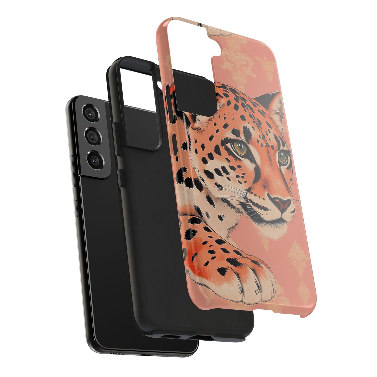 Leopard Tough Phone Case - Trendy Floral Motif Design for Animal Lovers - Peach Leopard & Damask