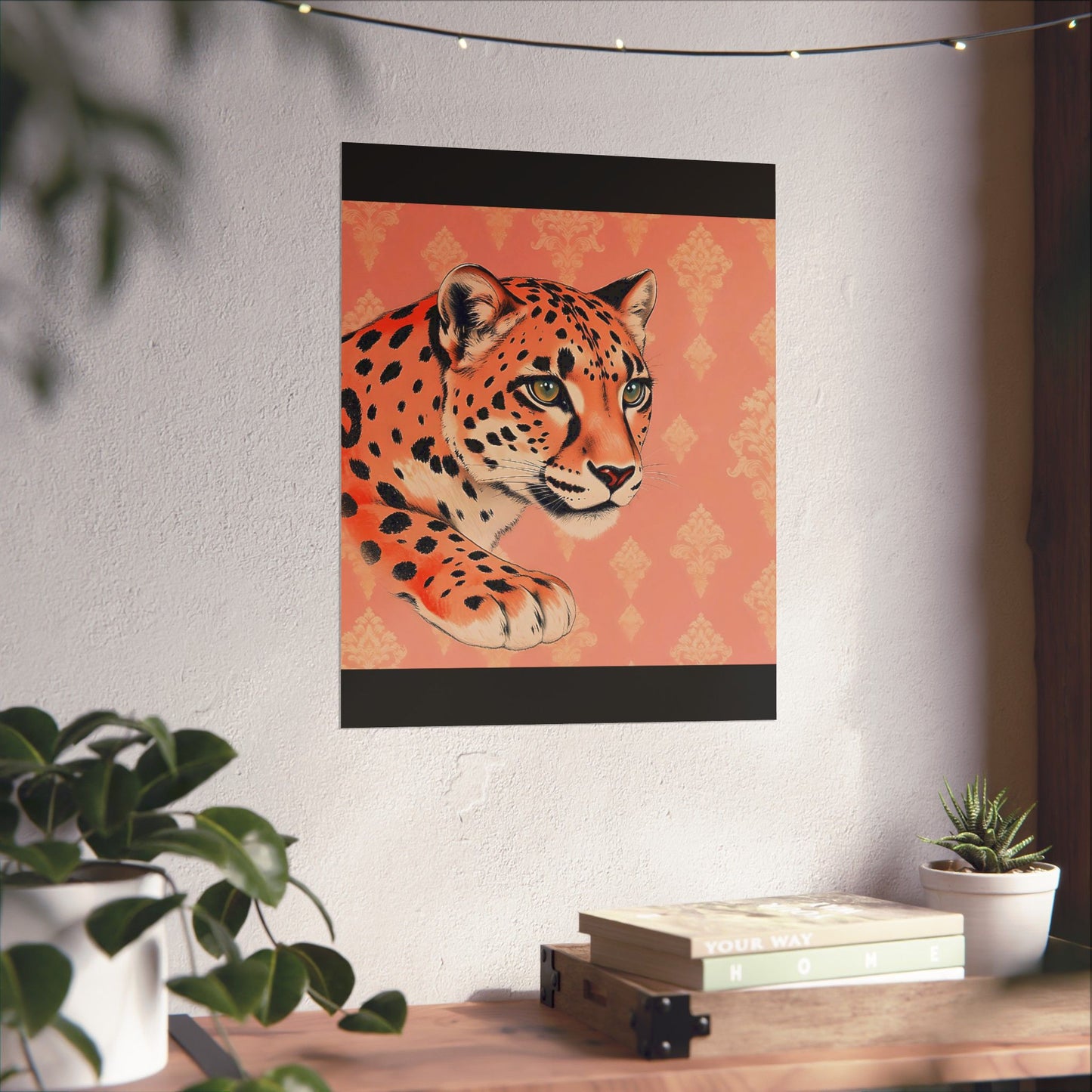 Floral Motif Art Poster - Elegant Matte Vertical Wall Decor - Peach Leopard & Damask