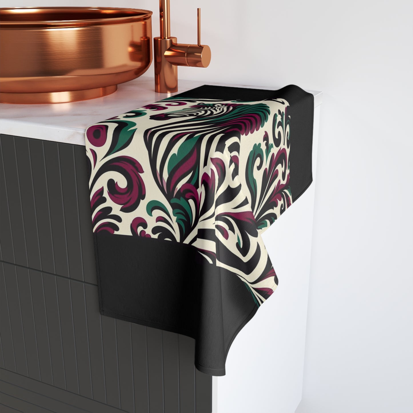 Hand Towel - Luxurious Ornate Elegant Burgundy & Green Zebra Damask Design - Elegant Home Décor