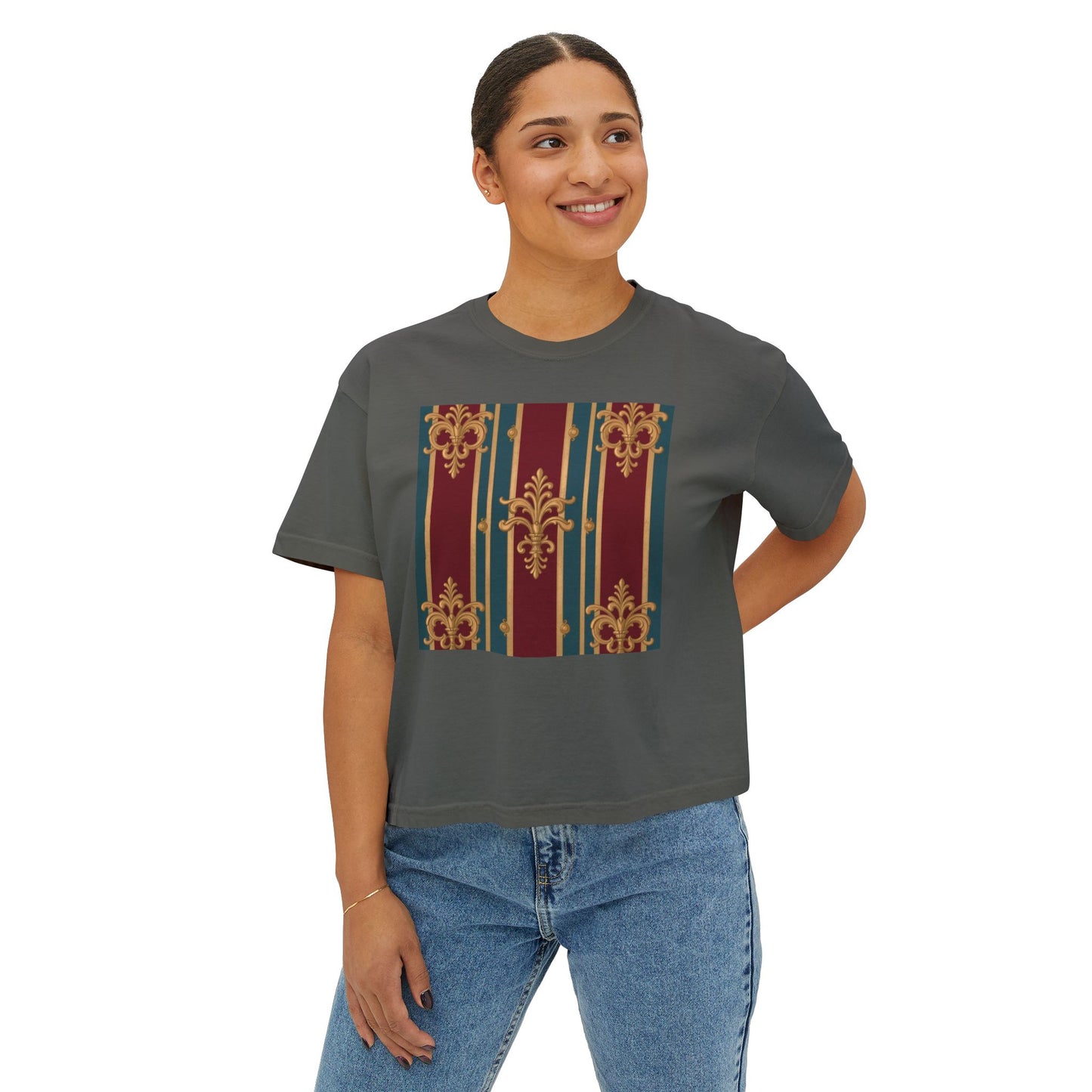 Vintage Floral Women's Boxy Tee, Casual Shirt, Graphic Tee, Everyday Wear, Gift for Her - Burgundy Striped Gold Baroque
