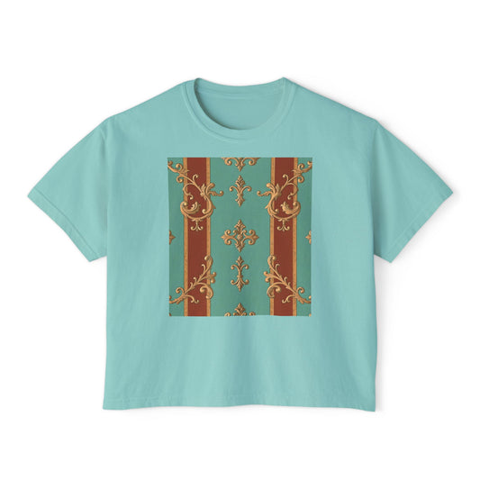 Vintage Floral Boxy Tee for Women – Stylish and Comfortable Everyday Wear - Rust & Mint Aqua Striped Baroque