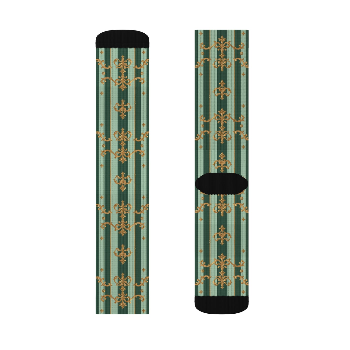 Chic Sublimation Socks for Everyday Comfort, Unique Fashion Socks, Gift for Him/Her, Stylish Casual Wear - Mint Green & Teal Striped Gold Baroque
