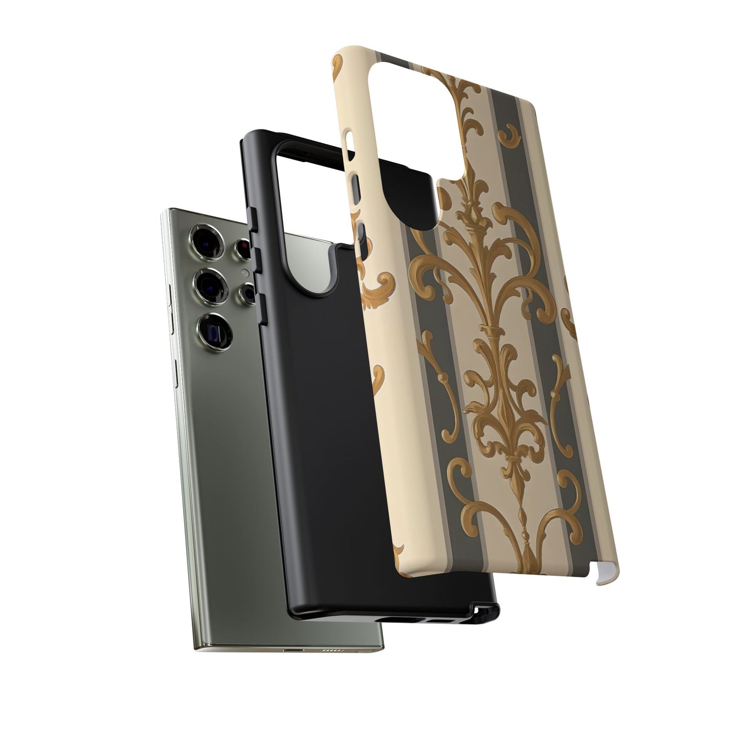Elegant Floral Motif Phone Case - Tough Cases with Vintage Design - Dusk Olive Striped Gold Damask
