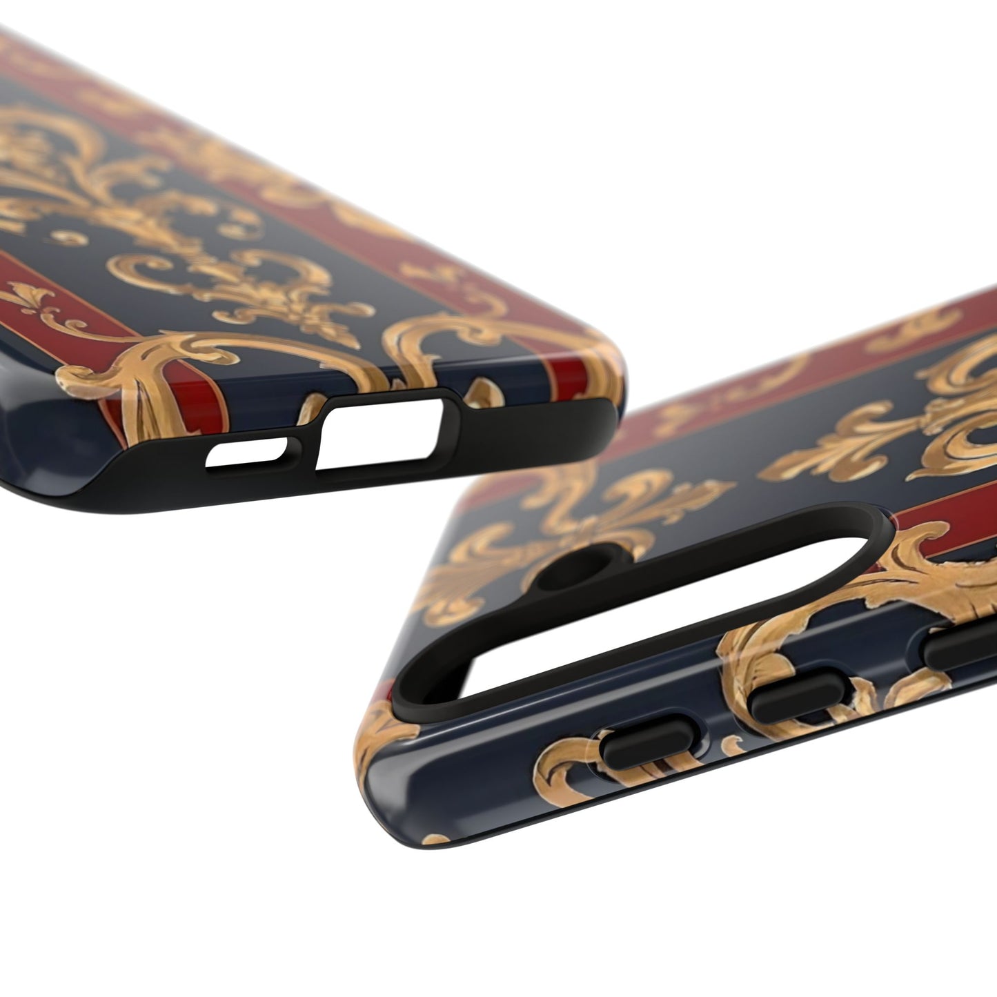 Elegant Floral Motif Phone Case - Tough Cases with Vintage Design - Midnight Blue & Dusk Red Striped Gold Damask