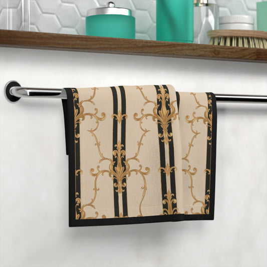 Elegant Face Towel with Vintage Design, Luxurious Bathroom Decor, Spa Gift, Washcloth, Interior Accents - Black & Beige Striped Damask