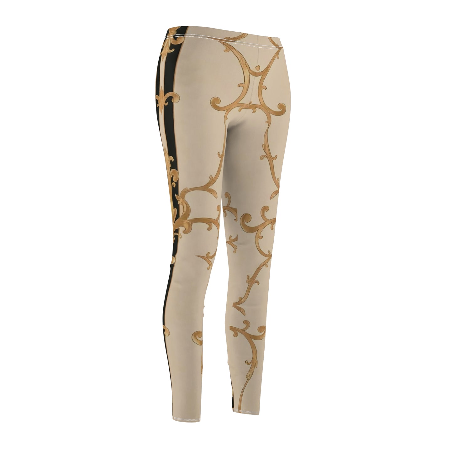 Chic Bohemian Women's Leggings, Fashion Leggings, Casual Athleisure, Stylish Workout Pants - Black & Beige Striped Damask