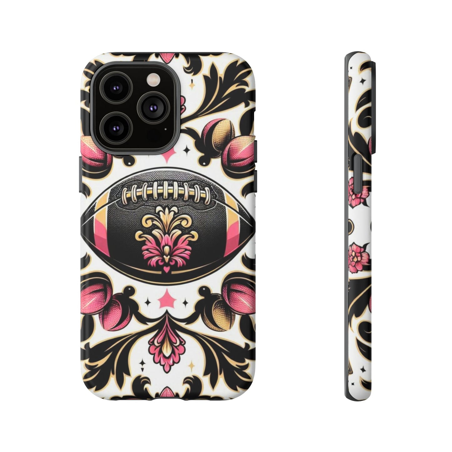 Elegant Floral Motif Phone Case - Tough Cases with Vintage Design - Damask White, Pink Gold & Black Football