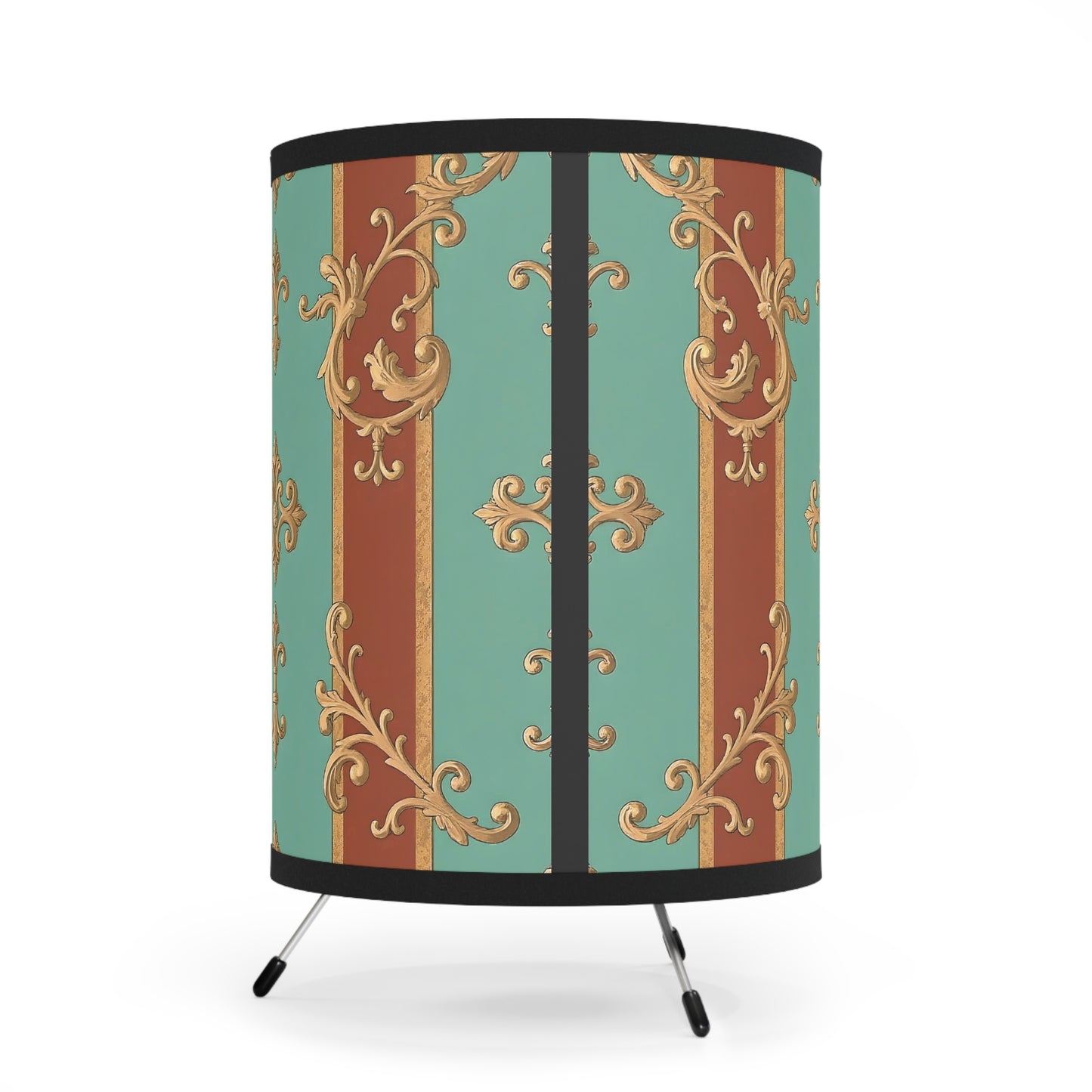 Elegant Tripod Lamp with High-Res Ornate Shade for Home Decor - Rust & Mint Aqua Striped Baroque