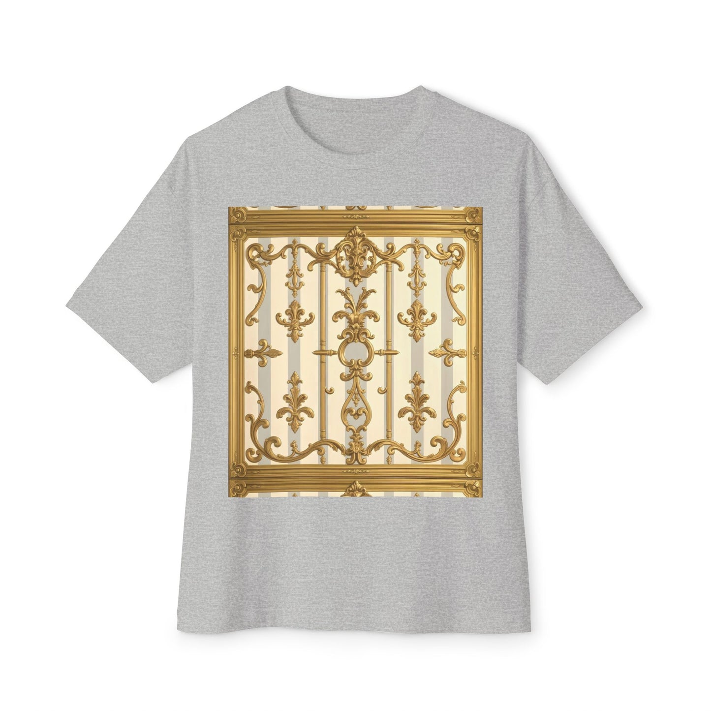 Golden Art Unisex Oversized Tee, Graphic Tee, Trendy Streetwear, Casual Shirt - Matte Gray & Cream Striped Gold Baroque