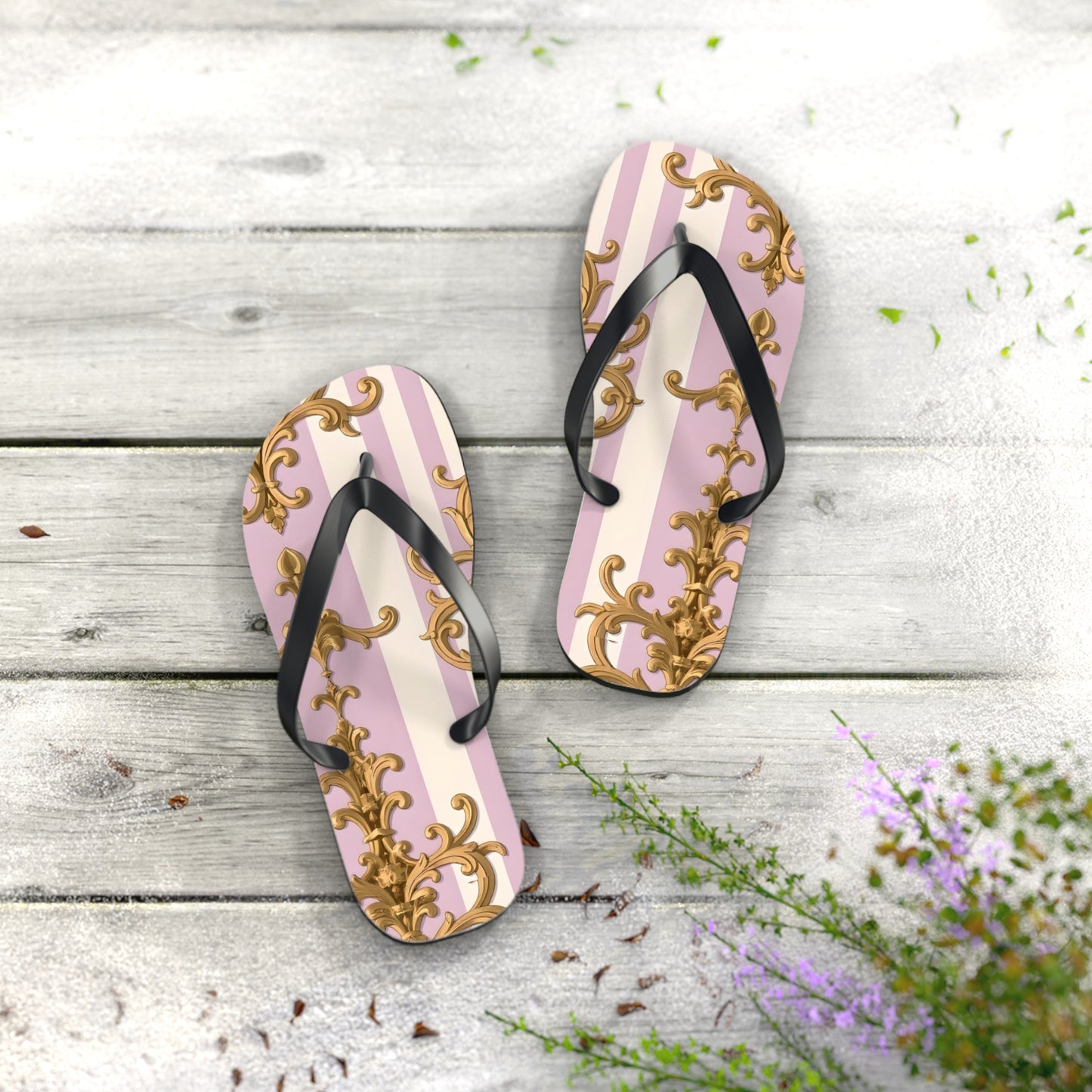 Chic Patterned Flip Flops for Stylish Summer Vibes, Beach Footwear, Vacation Sandals - Lilac & Alabaster Striped Gold Baroque