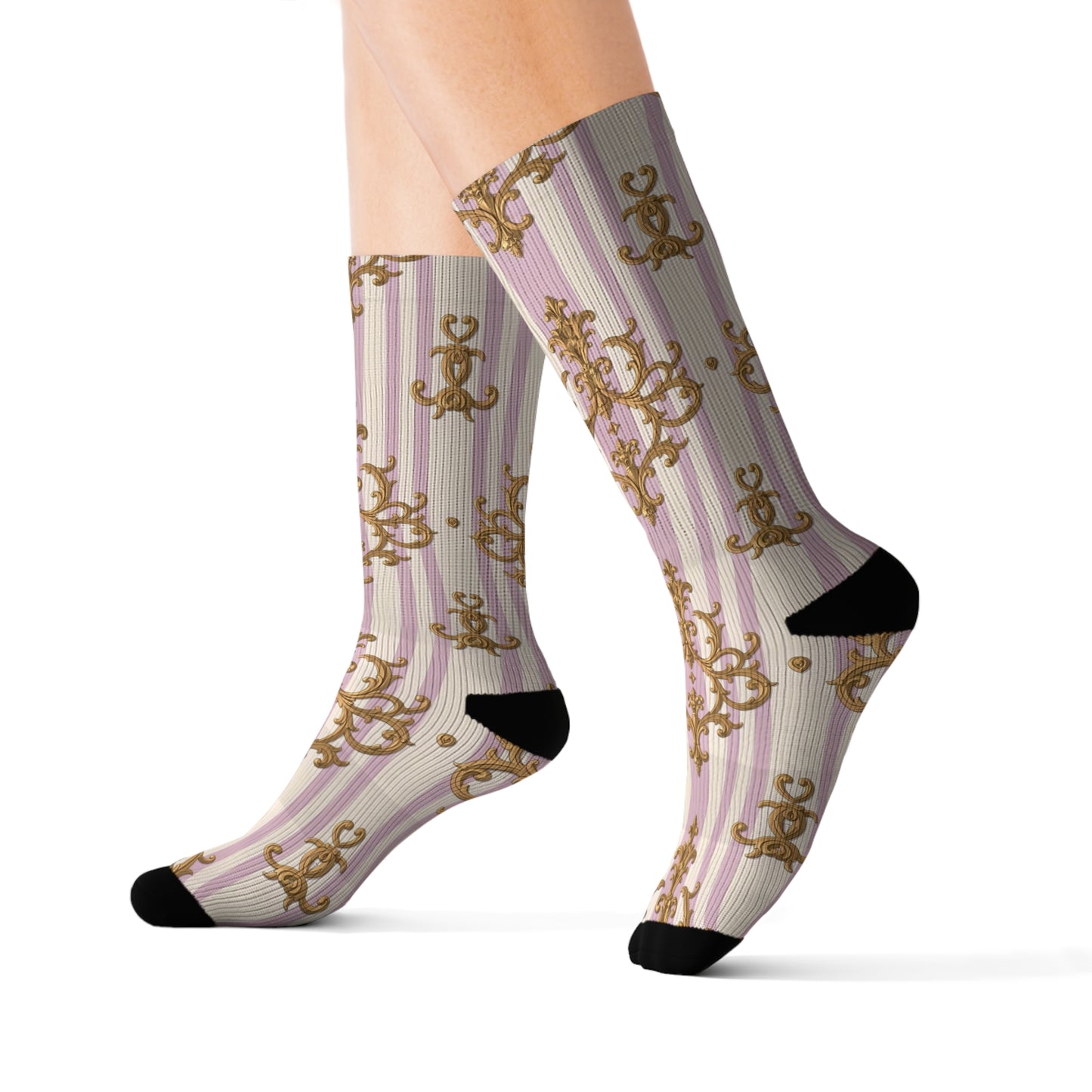 Elegant Vintage-Themed Sublimation Socks, Cozy Footwear, Comfortable Socks, Gifts for Her - Lilac & Alabaster Striped Gold Baroque