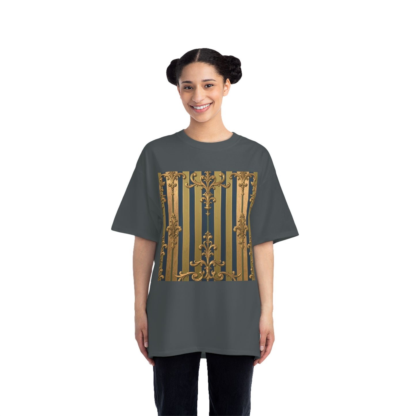 Elegant Midnight Blue & Olive Striped Gold Baroque Short-Sleeve Unisex T-Shirt, Vintage Fashion Tee, Casual Summer Top