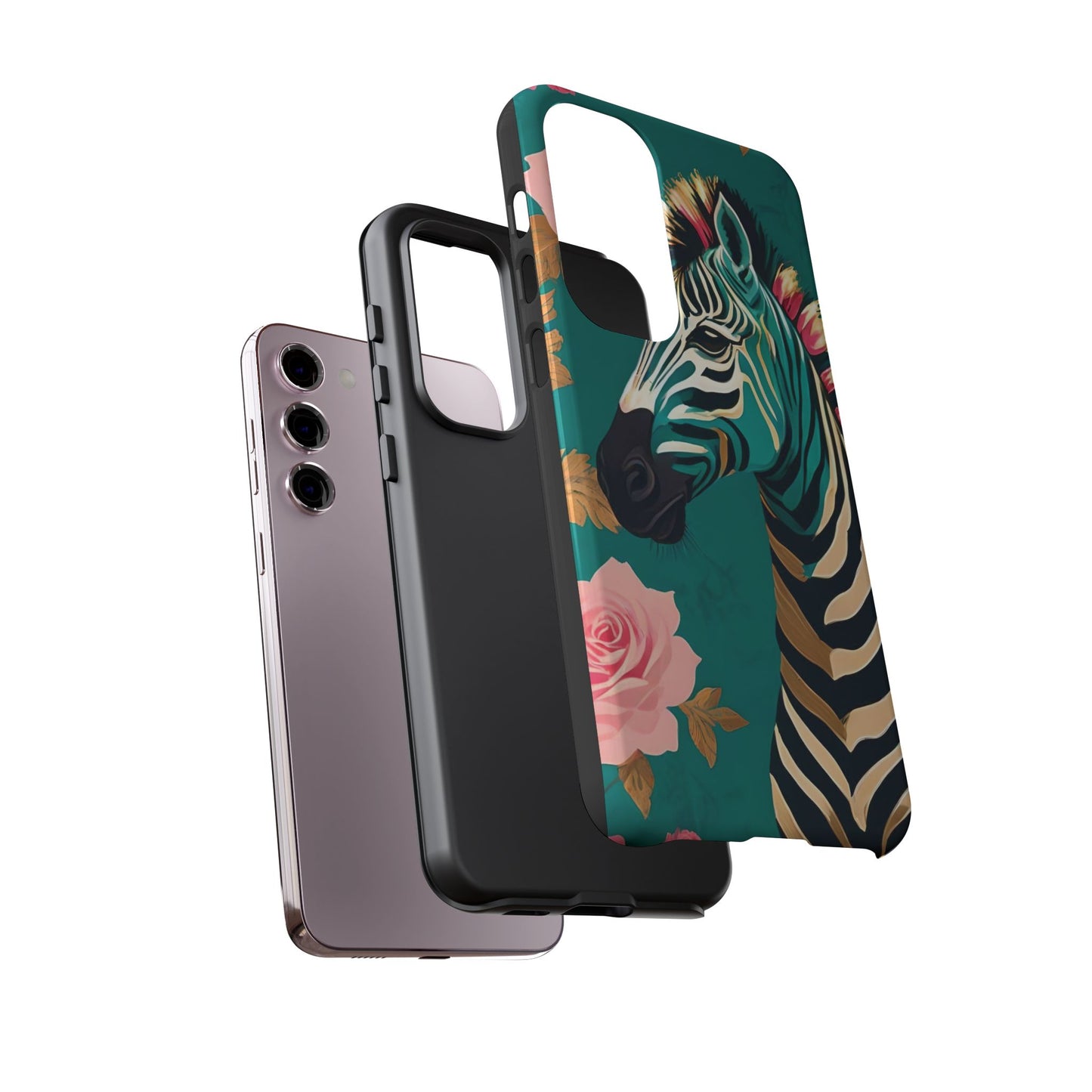 Phone Case - Elegant Teal & Gold Zebra & Roses Design