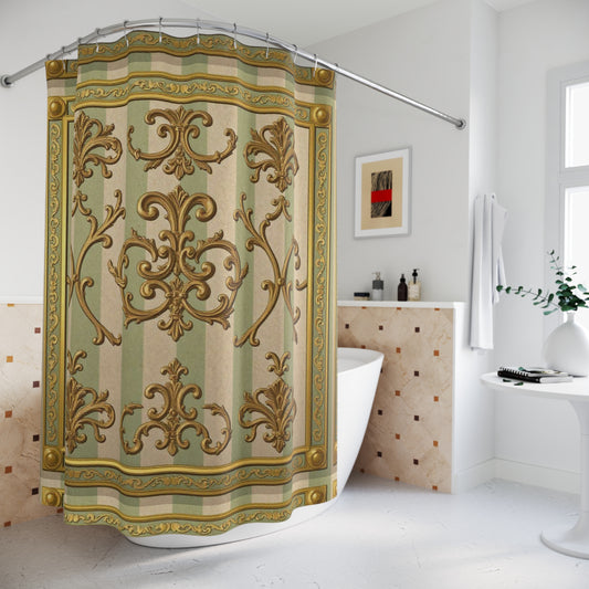 Elegant Floral Shower Curtain, Vintage Bathroom Decor, Luxe Home Accent, Boho Chic Shower Curtain - Mint Green & Beige Striped Gold Baroque