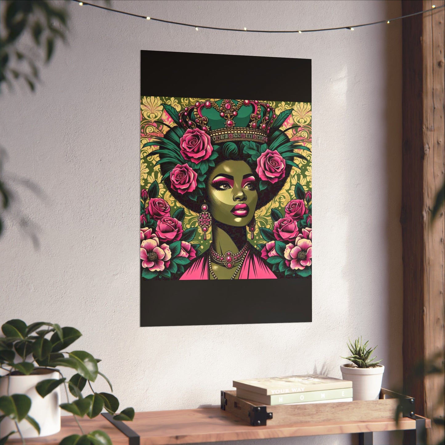 Floral Afro Art Poster - Elegant Matte Vertical Wall Decor - Olive Green Lady & Damask