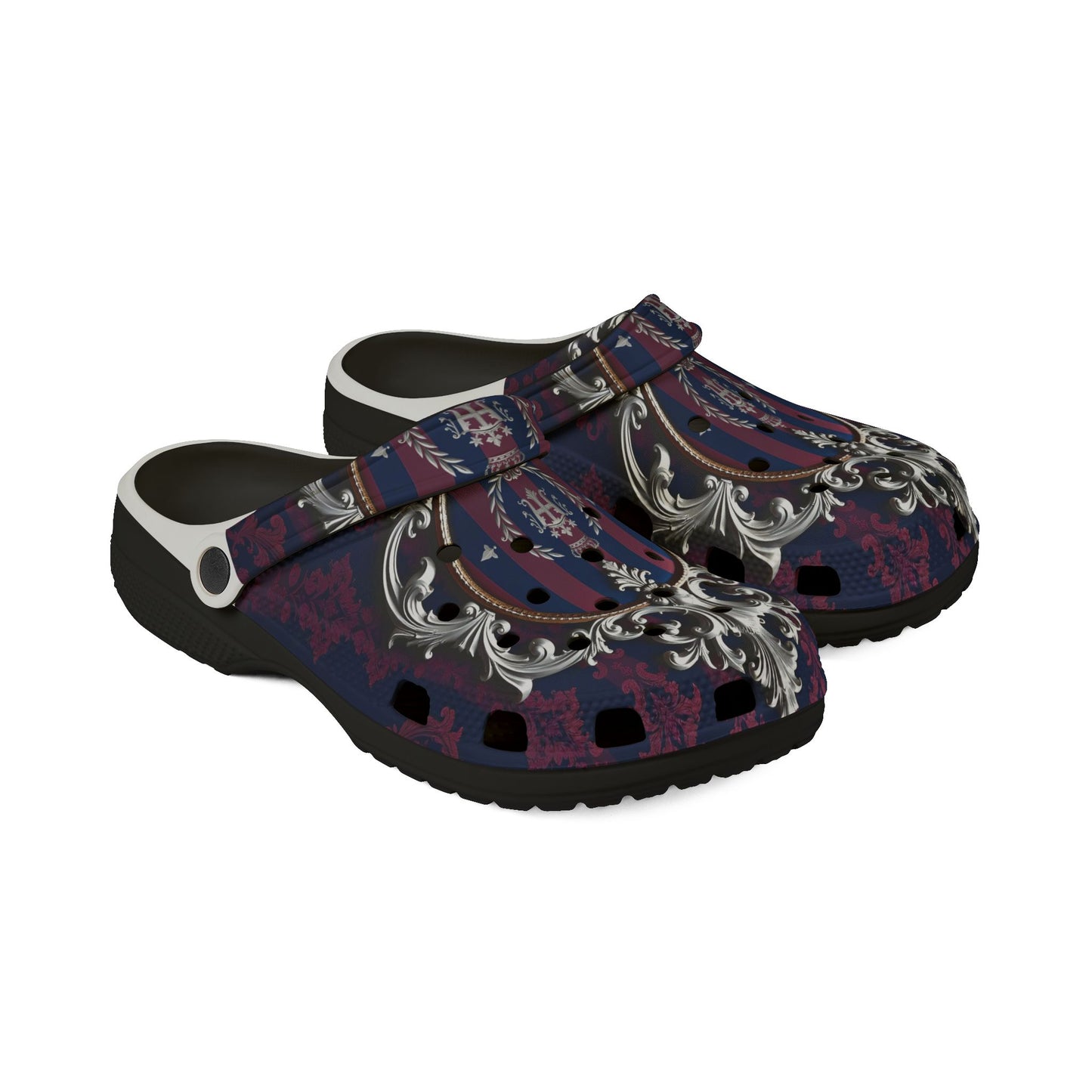 Stylish EVA Foam Rubber Clogs with Elegant Design, Comfortable Everyday Footwear, Fashionable Indoor Slippers - Blue & Plum Striped Silver Crest