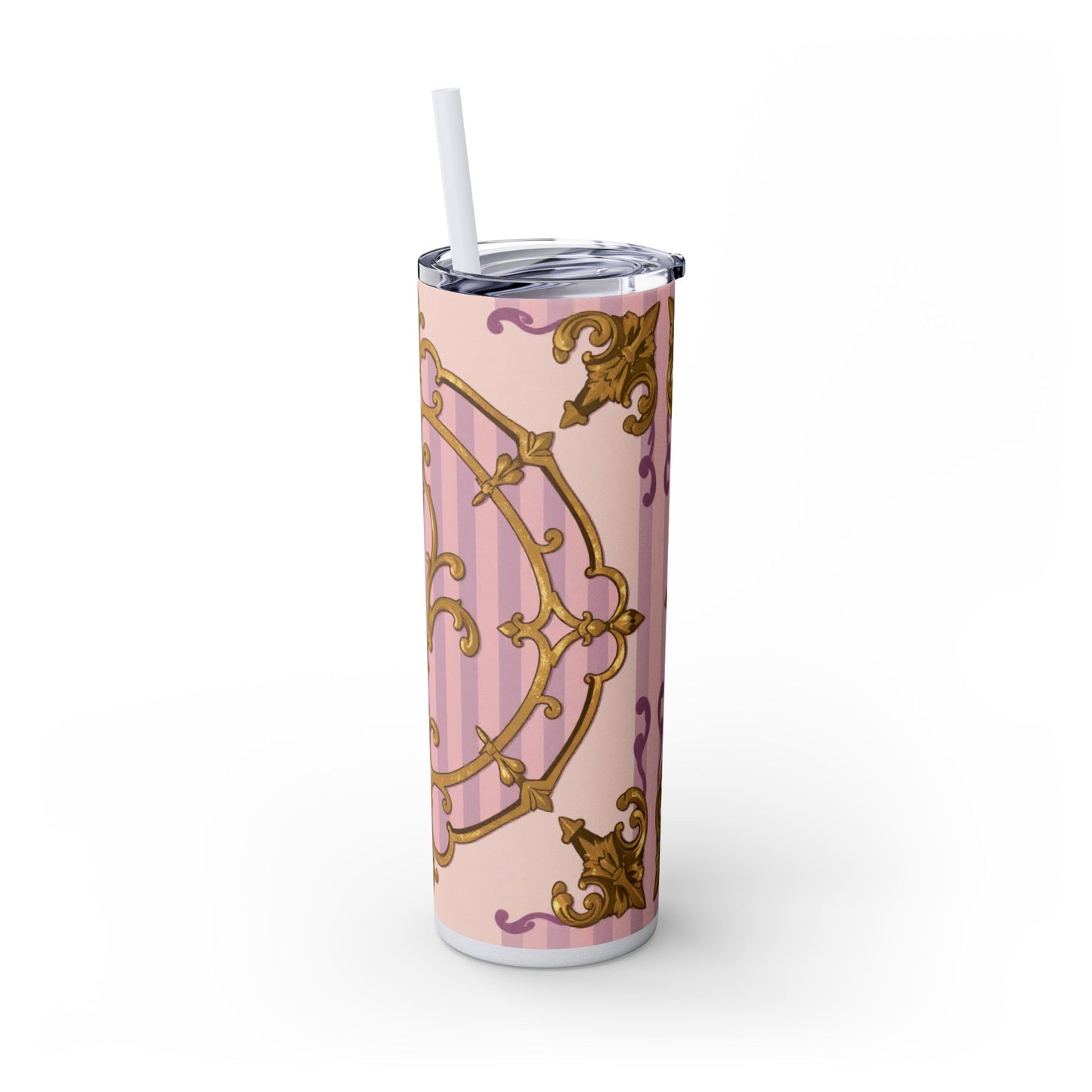 Elegant Lavender & Alabaster Striped Gold Baroque Tumbler - Insulated 20oz Skinny Cup with Straw, Ideal for Gifts, Parties, and Daily Use