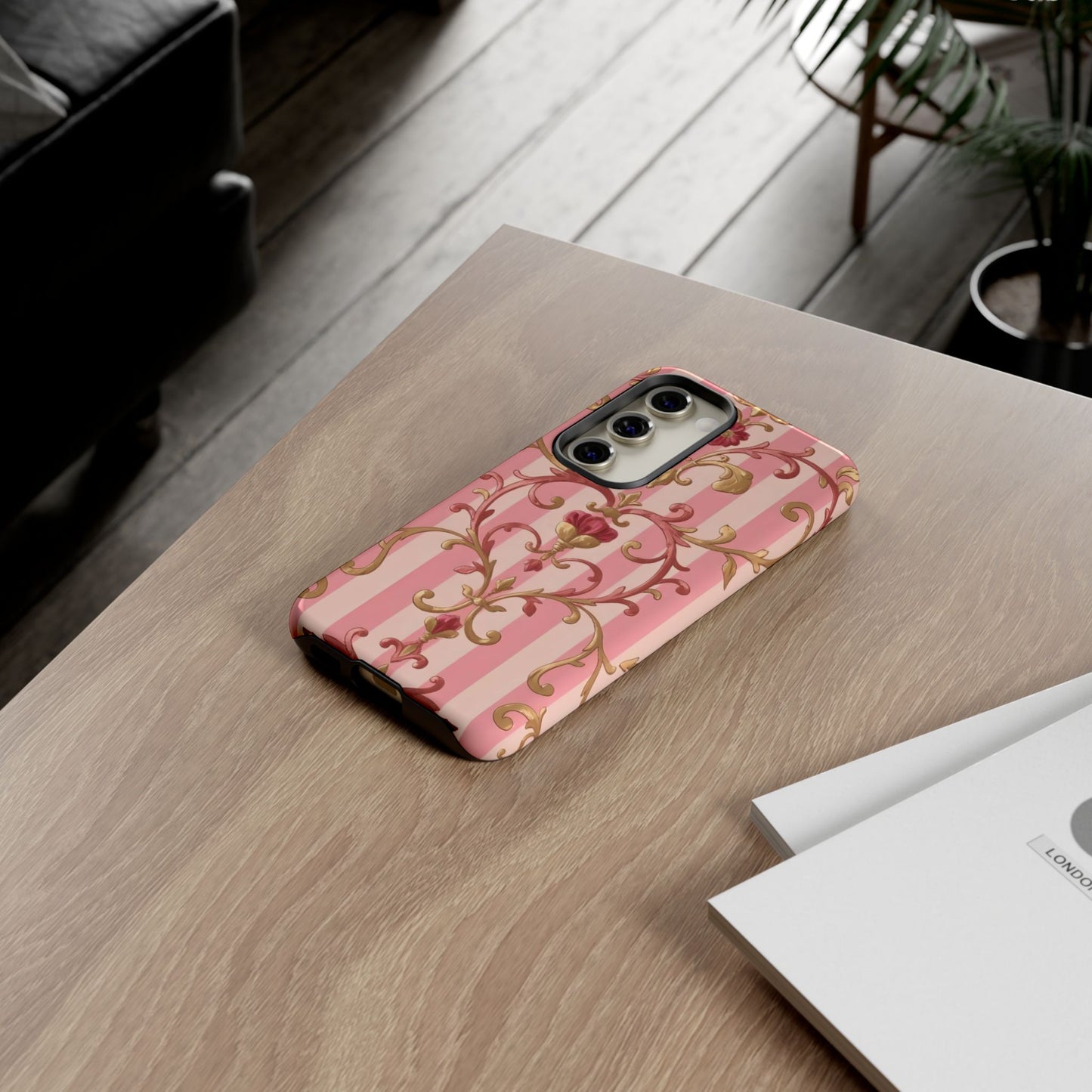 Elegant Floral Motif Phone Case - Tough Cases with Vintage Design - Pink Striped Rose Gold Damask