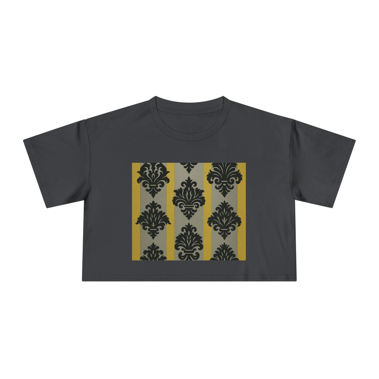 Chic Vintage Crop Tee | Stylish Women's Tee for Casual Outings, Gifts, Festivals, Layering, Everyday Wear - Silver & Gold Striped Black Baroque