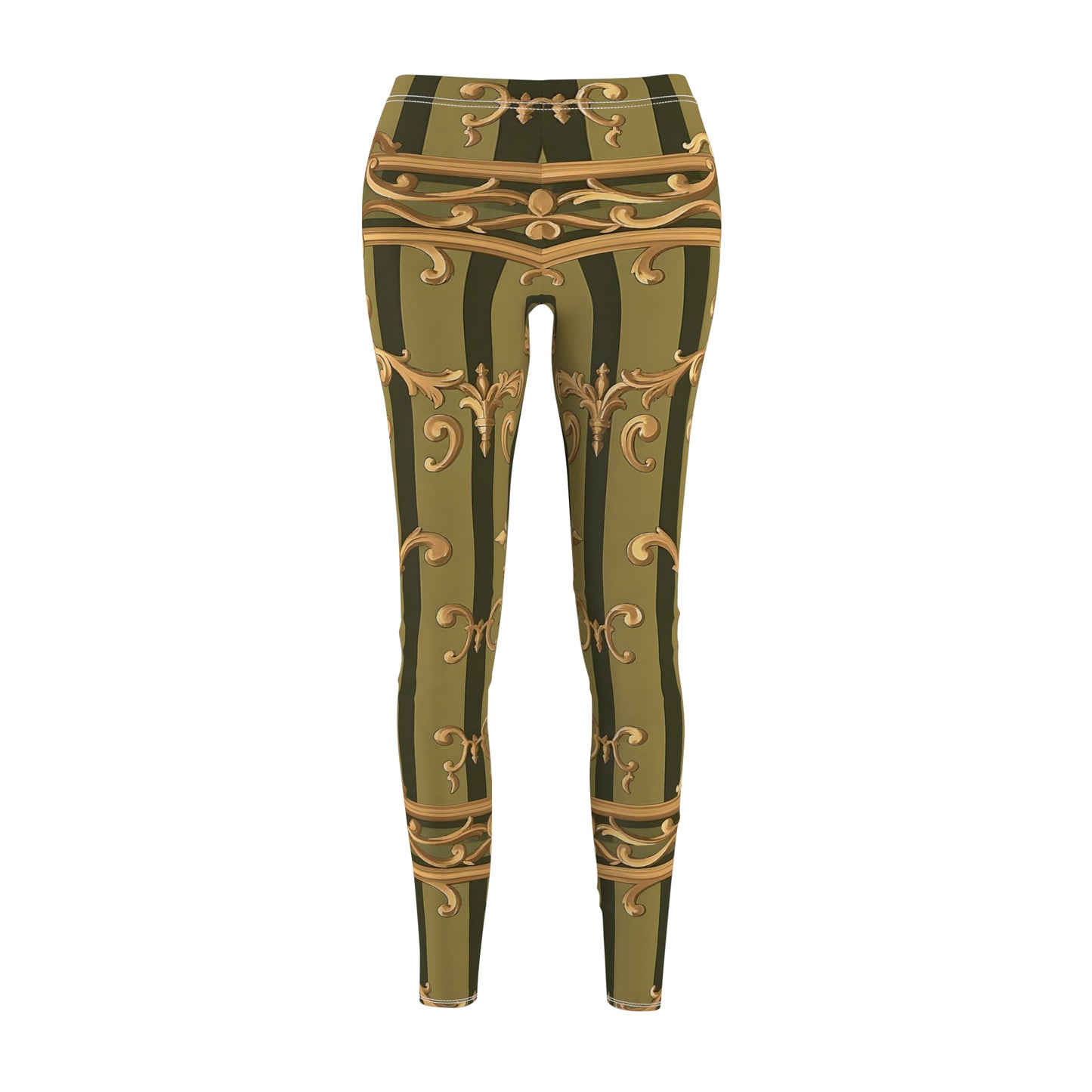 Chic Bohemian Leggings - Stylish Activewear for Women, Trendy Yoga Pants, Casual Leggings - Olive Green Striped Rococo