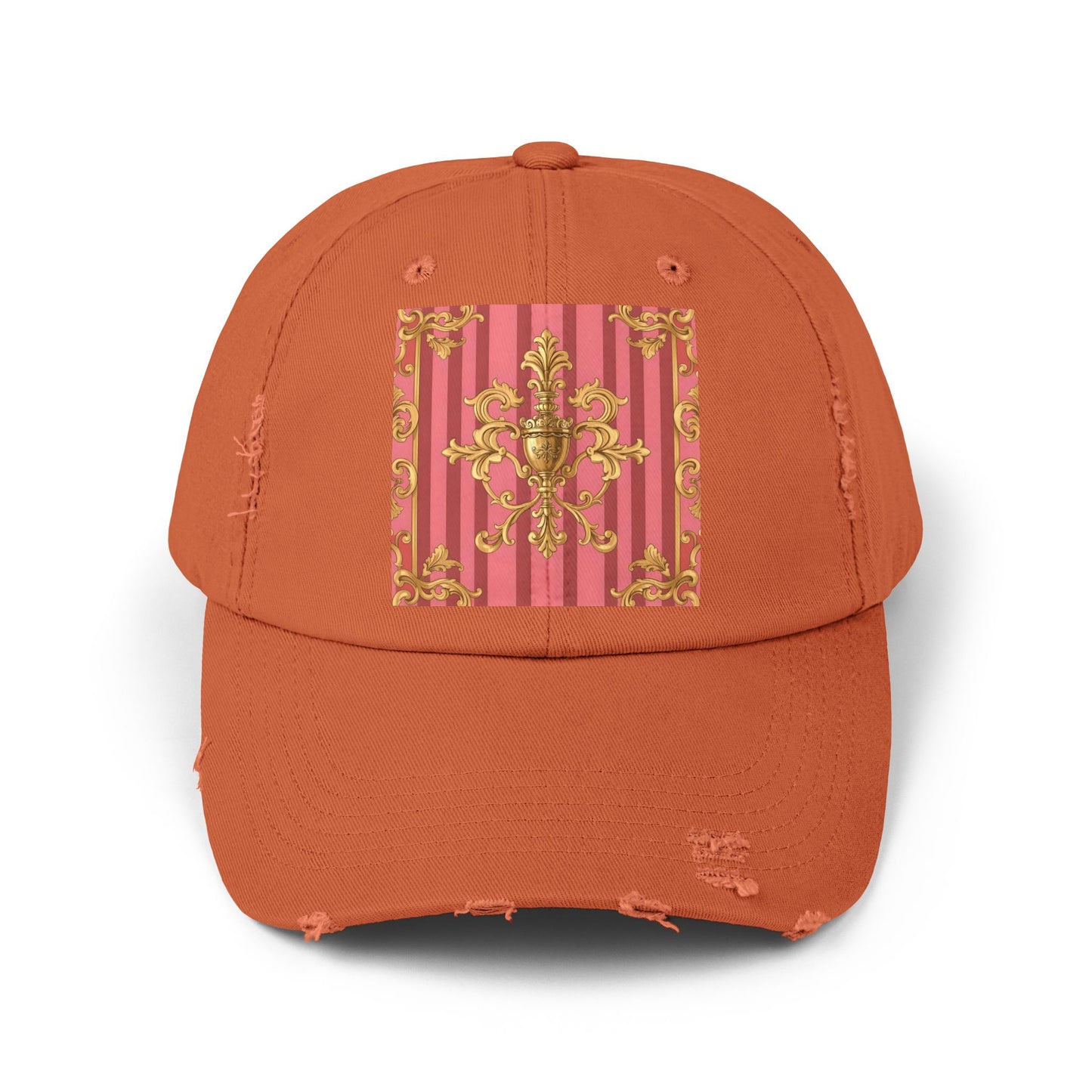 Chic Distressed Unisex Cap - Trendy Accessories for Style Lovers, Everyday Wear, Fashion Statement, Birthday Gift - Pink Striped Gold Baroque