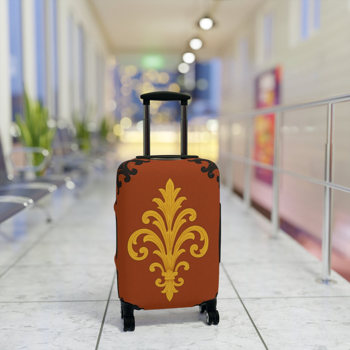 Dusk Terracotta Baroque - Vintage Gold Baroque Design Luggage Cover — Elegant Golden Scroll Travel Protector