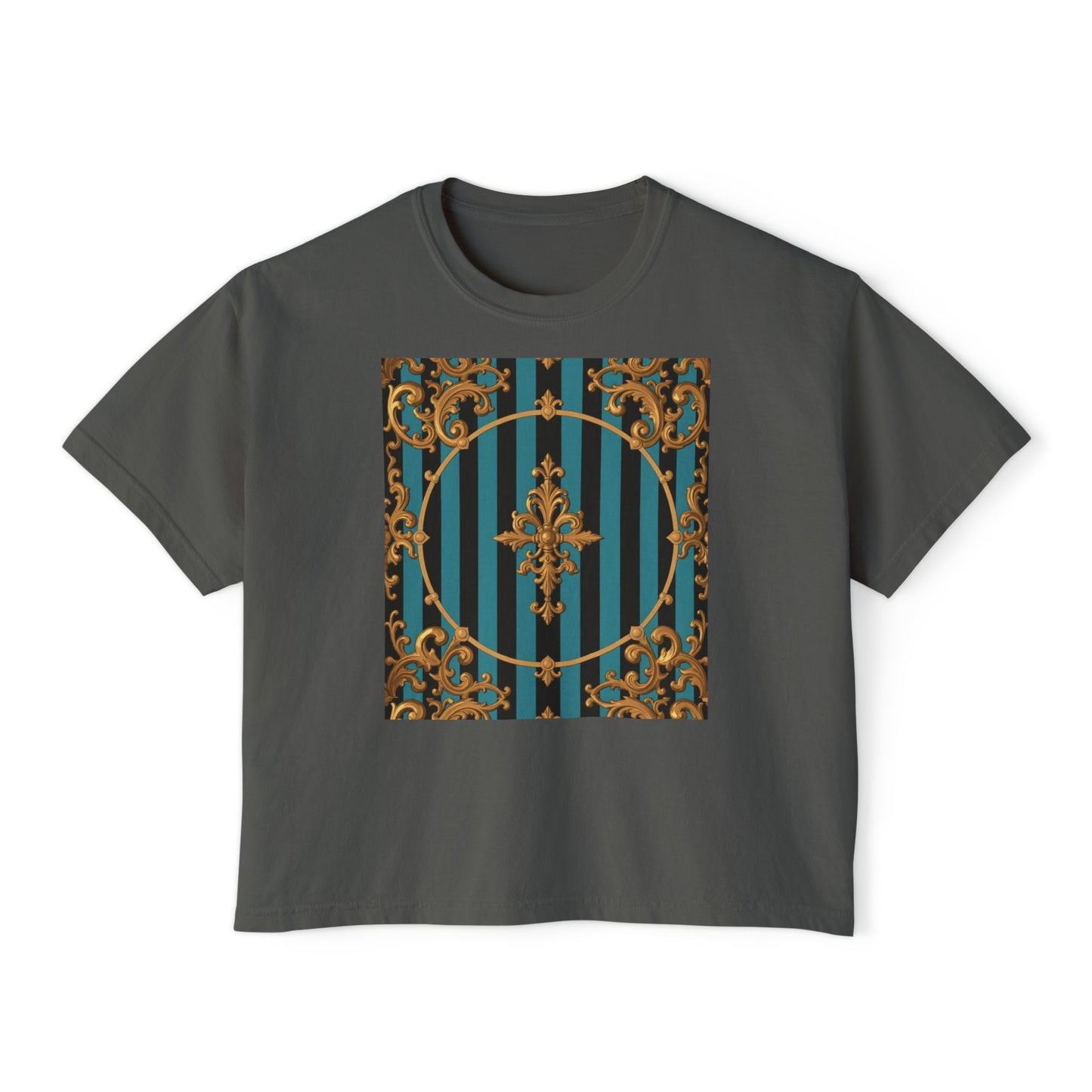 Chic Turquoise & Black Striped Gold Baroque Women's Boxy Tee with Vintage Inspired Design, Perfect for Casual Outings