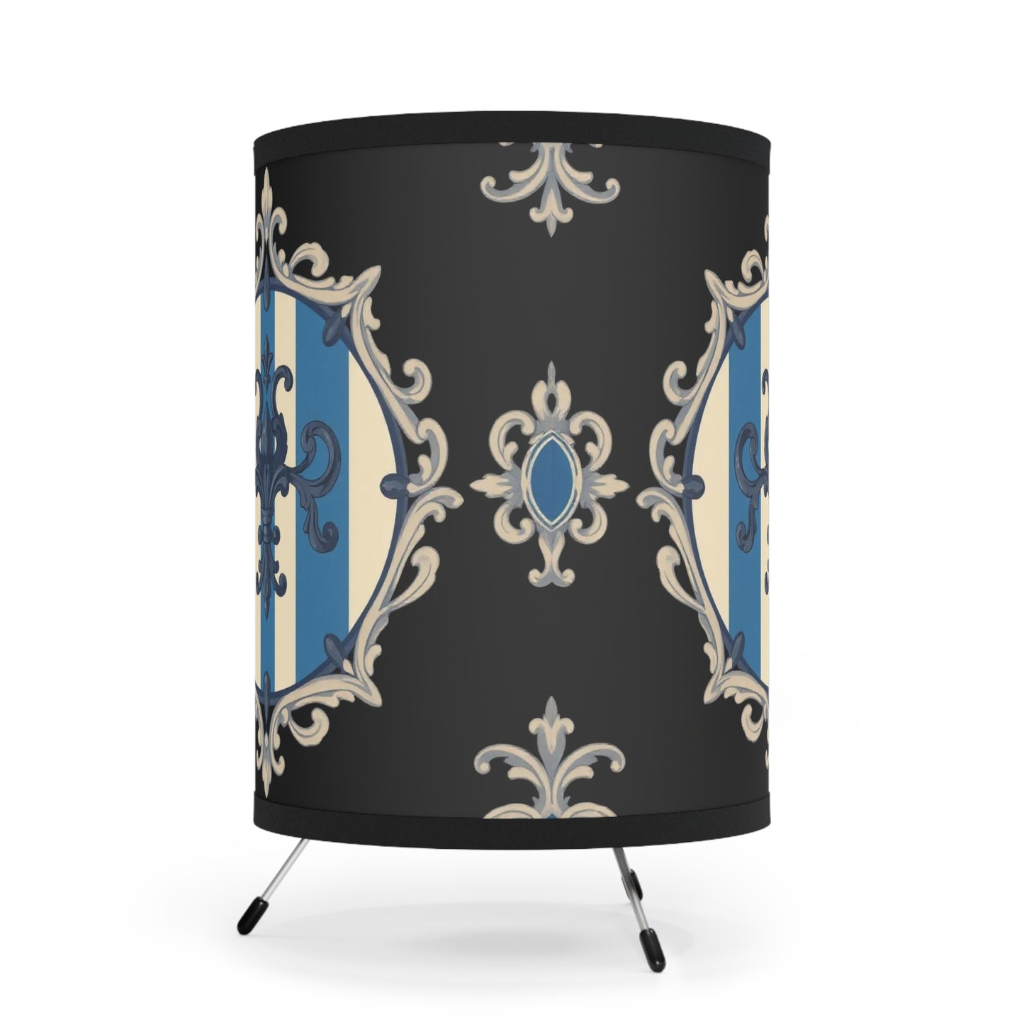 Stylish Blue & Alabaster Striped Baroque Tripod Lamp with Elegant High-Res Shade - Home Décor Light for Living Room, Bedroom, Unique Gift