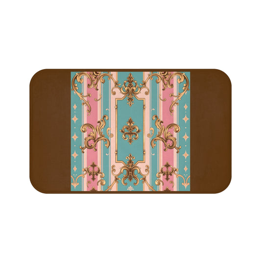 Elegant Vintage Bath Mat with Decorative Design, Boho Bathroom Decor, Housewarming Gift - Pink & Matte Turquoise Striped Rococo