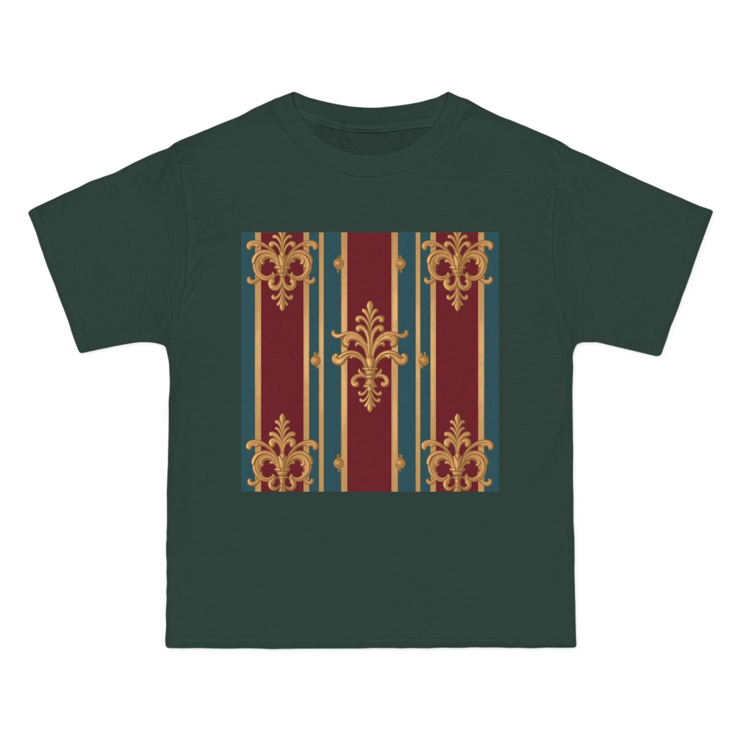 Elegant Vintage Patterned Beefy-T® Short-Sleeve T-Shirt | Casual Wear, Summer Tops, Unique Gift - Burgundy Striped Gold Baroque