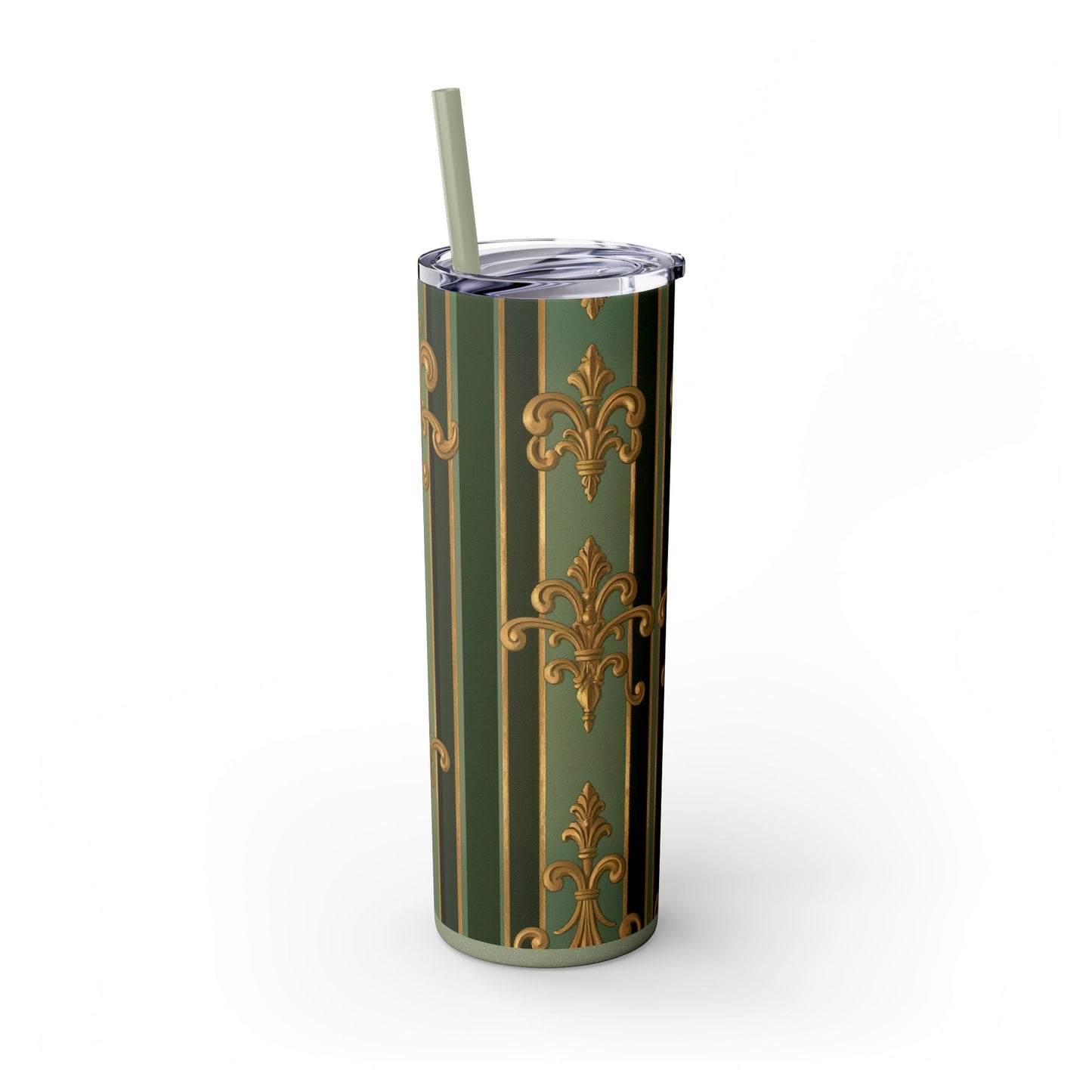 Elegant Green Striped Skinny Tumbler, 20oz Travel Mug, Reusable Cup, Perfect for Gifts, Parties, Home Decor - Green Striped Gold Baroque