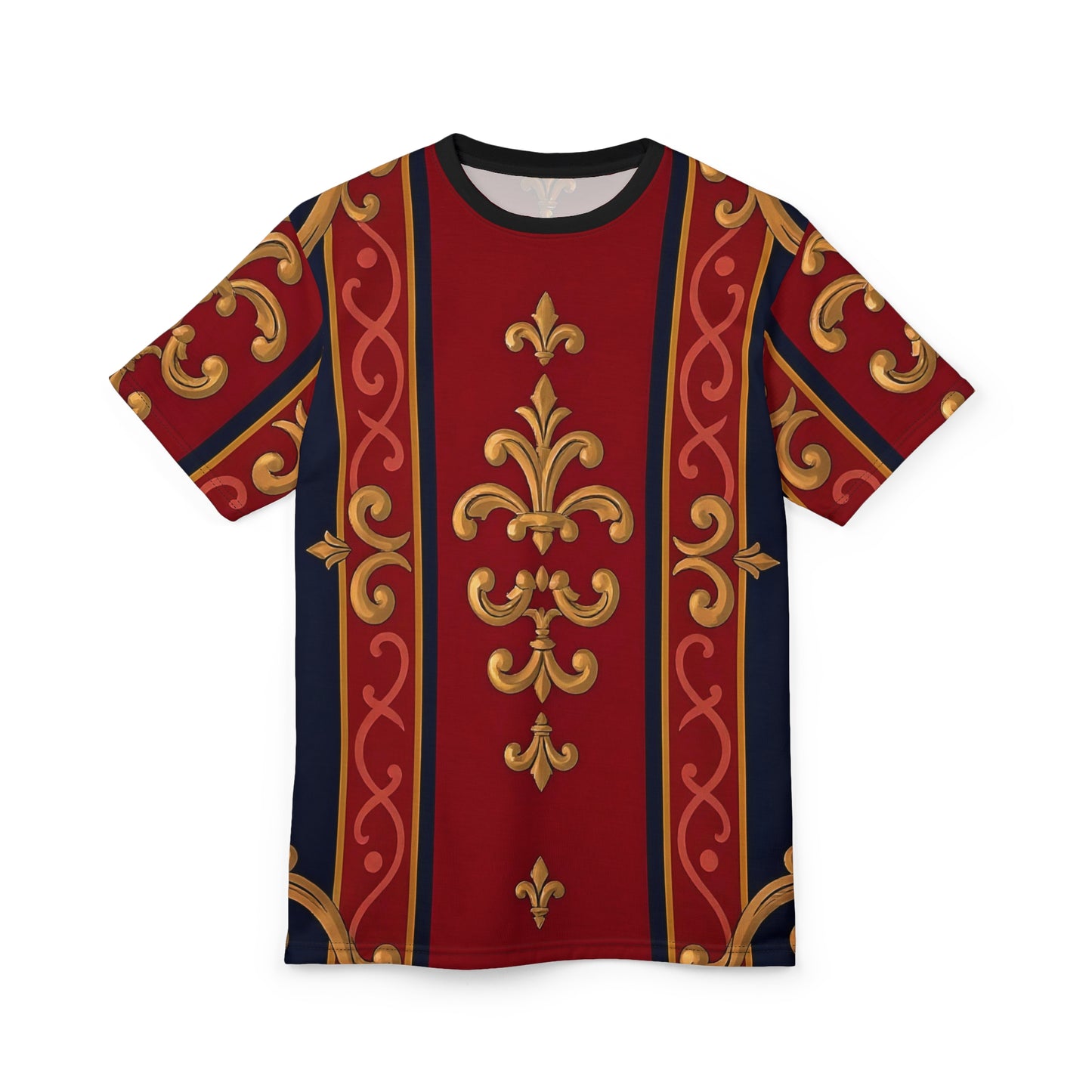 Luxurious Baroque Unisex Tee | Statement Shirt, Casual Wear, Gift Ideas, Fashion Top, All-Occasion Tee - Midnight Blue & Dusk Red Gold Baroque