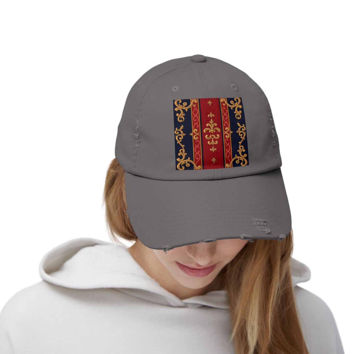 Vintage-Inspired Distressed Cap, Stylish Hat, Perfect Gift for Friends, Fashion Accessory, Unisex Headwear - Midnight Blue & Dusk Red Gold Baroque