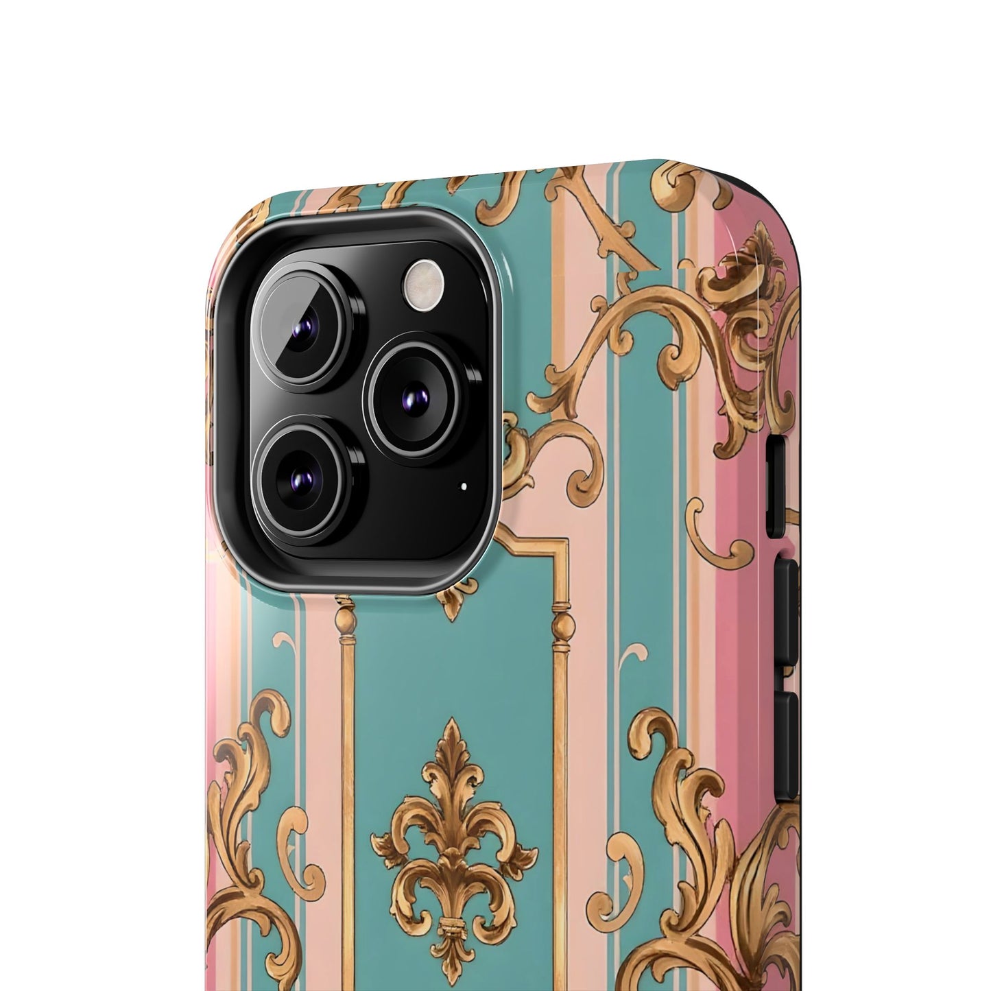 Elegant Floral Tough Phone Case, Artistic Phone Cover, Gift for Her, Chic Phone Accessory - Pink & Matte Turquoise Striped Rococo