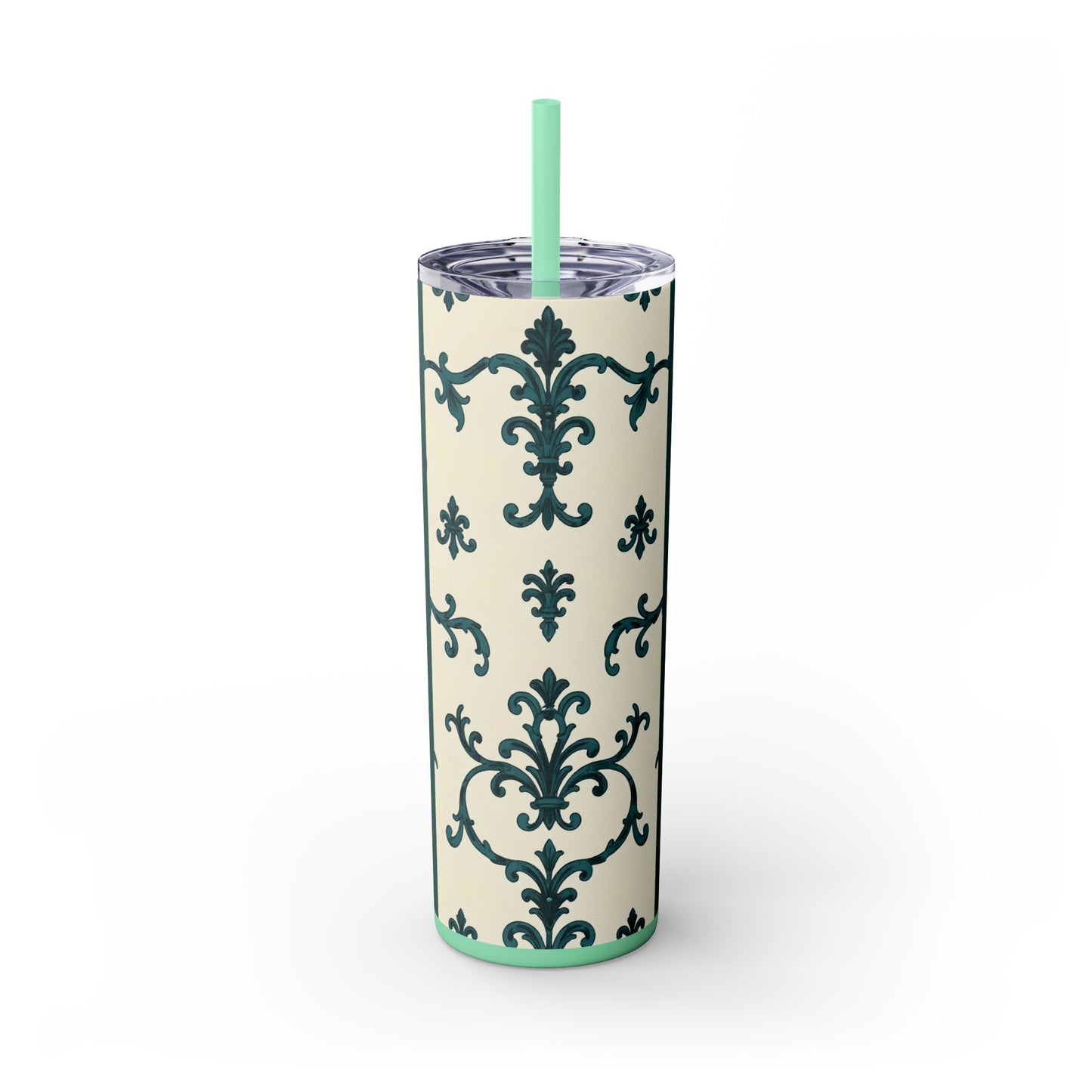 Elegant Floral Skinny Tumbler, 20oz - Stylish Travel Mug for Home, Coffee Lover Gift, Eco-Friendly Drinkware, Party Favor - Teal Striped Rococo
