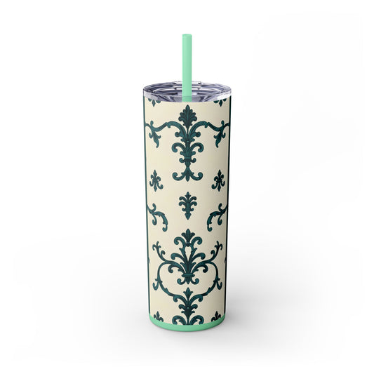 Elegant Floral Skinny Tumbler, 20oz - Stylish Travel Mug for Home, Coffee Lover Gift, Eco-Friendly Drinkware, Party Favor - Teal Striped Rococo