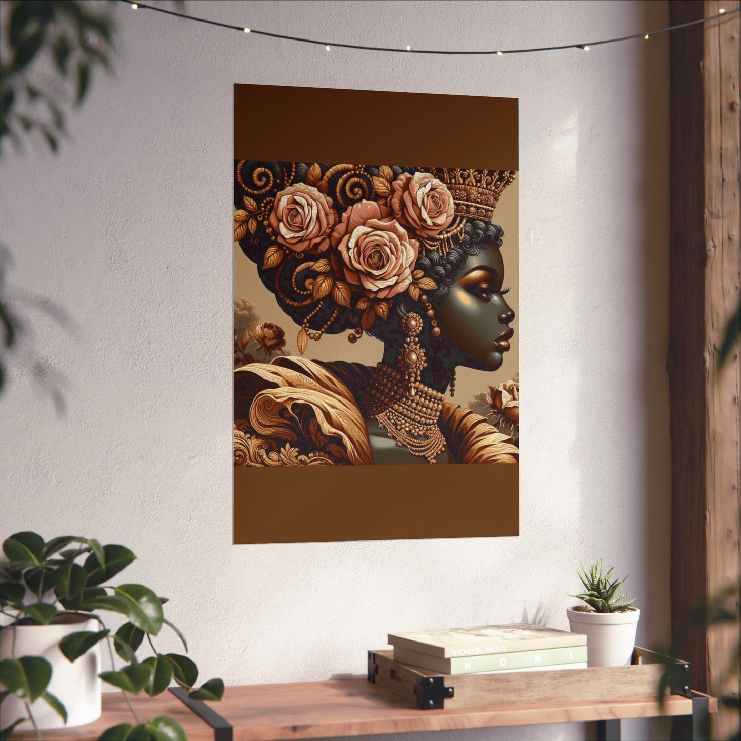 Floral Afro Art Poster - Elegant Matte Vertical Wall Decor - Lady With Peach Roses