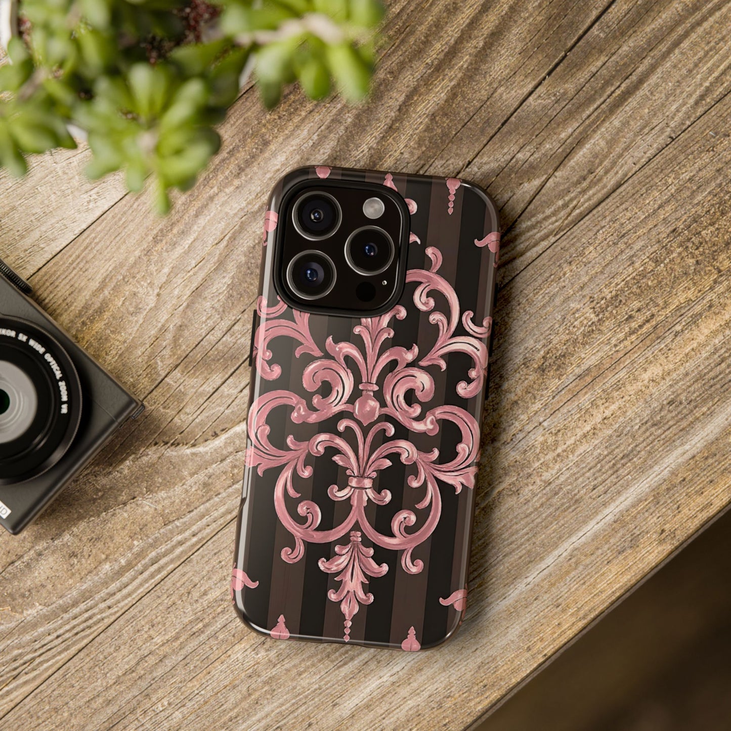 Elegant Floral Motif Phone Case - Tough Cases with Vintage Design - Brown Striped Mauve Damask