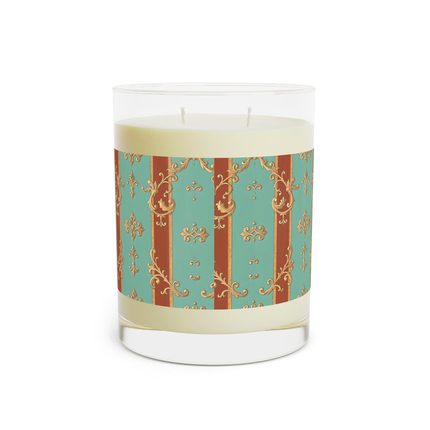 Elegant Vintage Scented Candle - 11oz Glass - Rust & Mint Aqua Striped Baroque