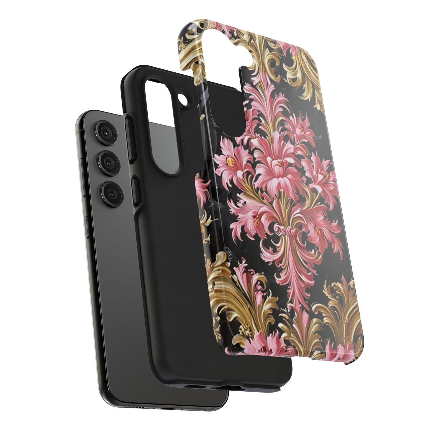 Elegant Floral Tough Phone Cases | Stylish Protection for Her | Gift for Birthdays - Black & Pink Oil Painting Style Rococo