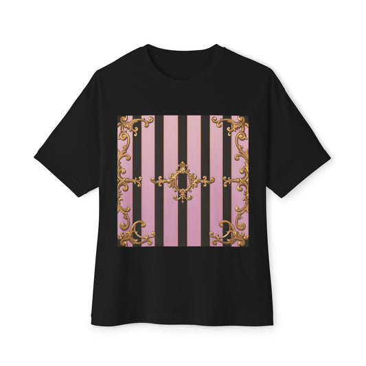 Chic Vintage Inspired Oversized Tee, Trendy T-Shirt for Casual Outings, Statement Fashion Piece - Matte Lavender & Black Striped Gold Baroque
