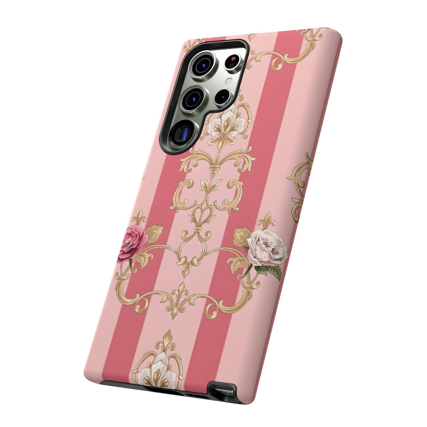 Elegant Floral Motif Phone Case - Tough Cases with Vintage Design - Pink Striped Roses & Damask