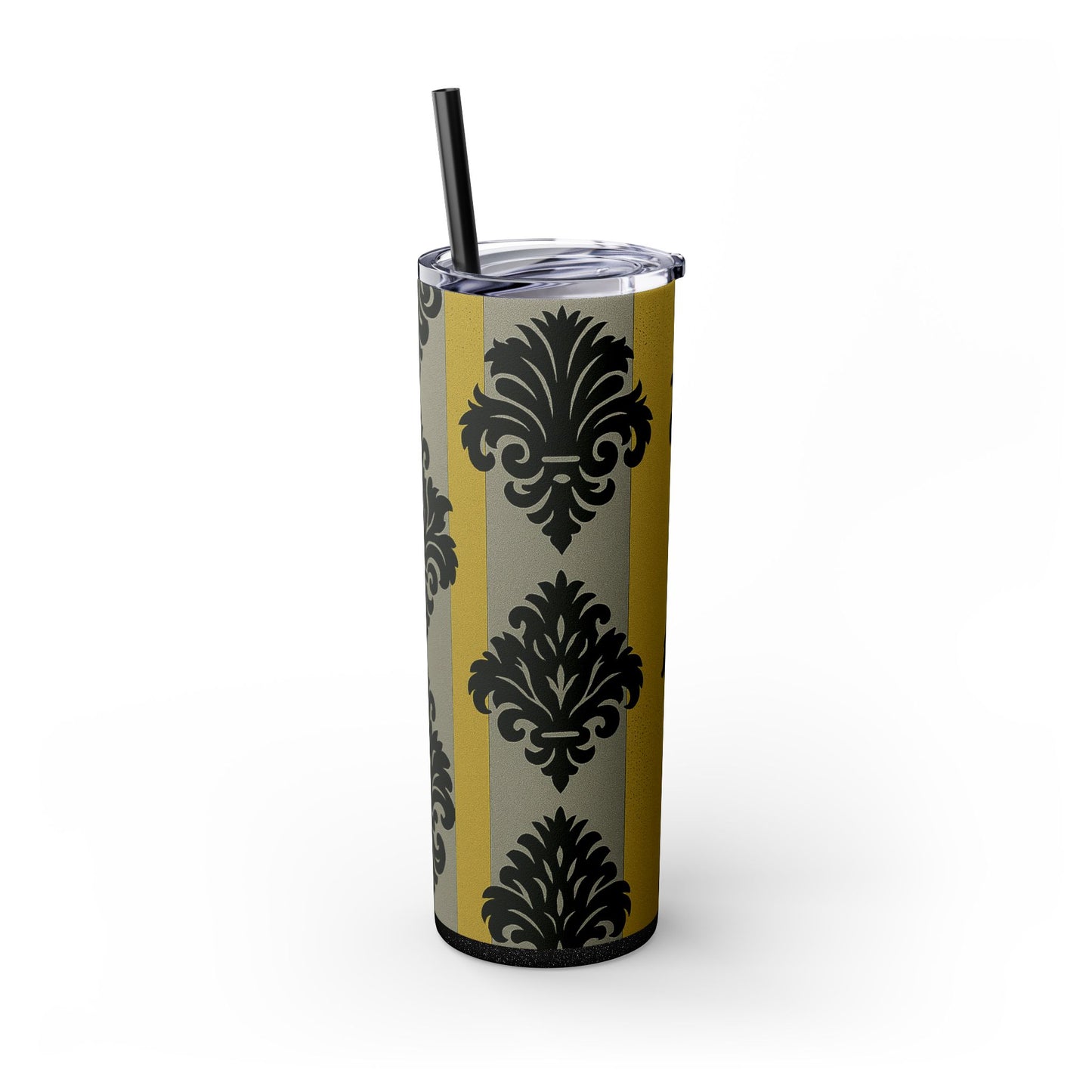Elegant Baroque Skinny Tumbler, 20oz Travel Mug, Stylish Drinkware for Home or Office, Unique Gift for Her - Silver & Gold Striped Black Baroque