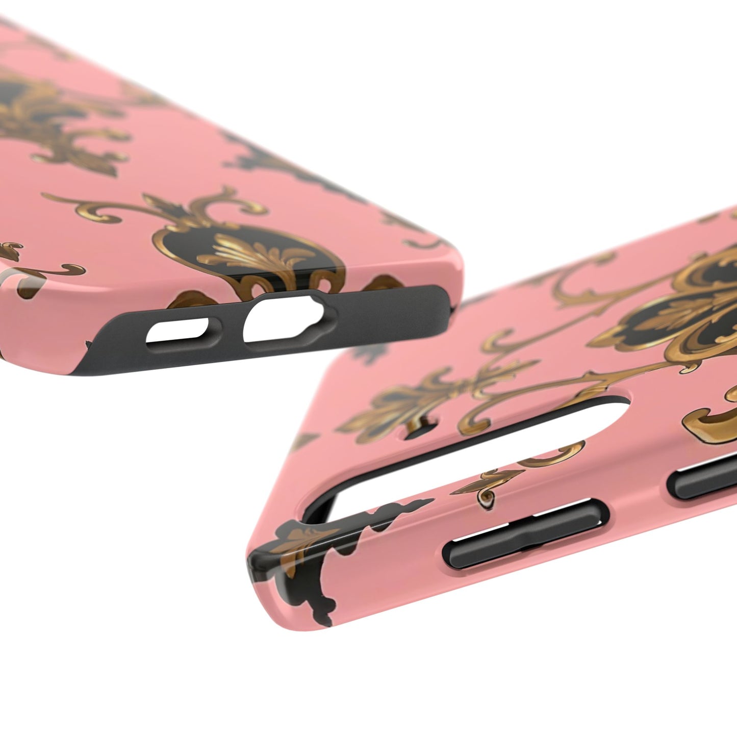 Chic Tough Phone Cases with Floral Design, Elegant Phone Cover, Durable Smartphone Case, Stylish Tech Accessory - Pink, Black & Gold Rococo