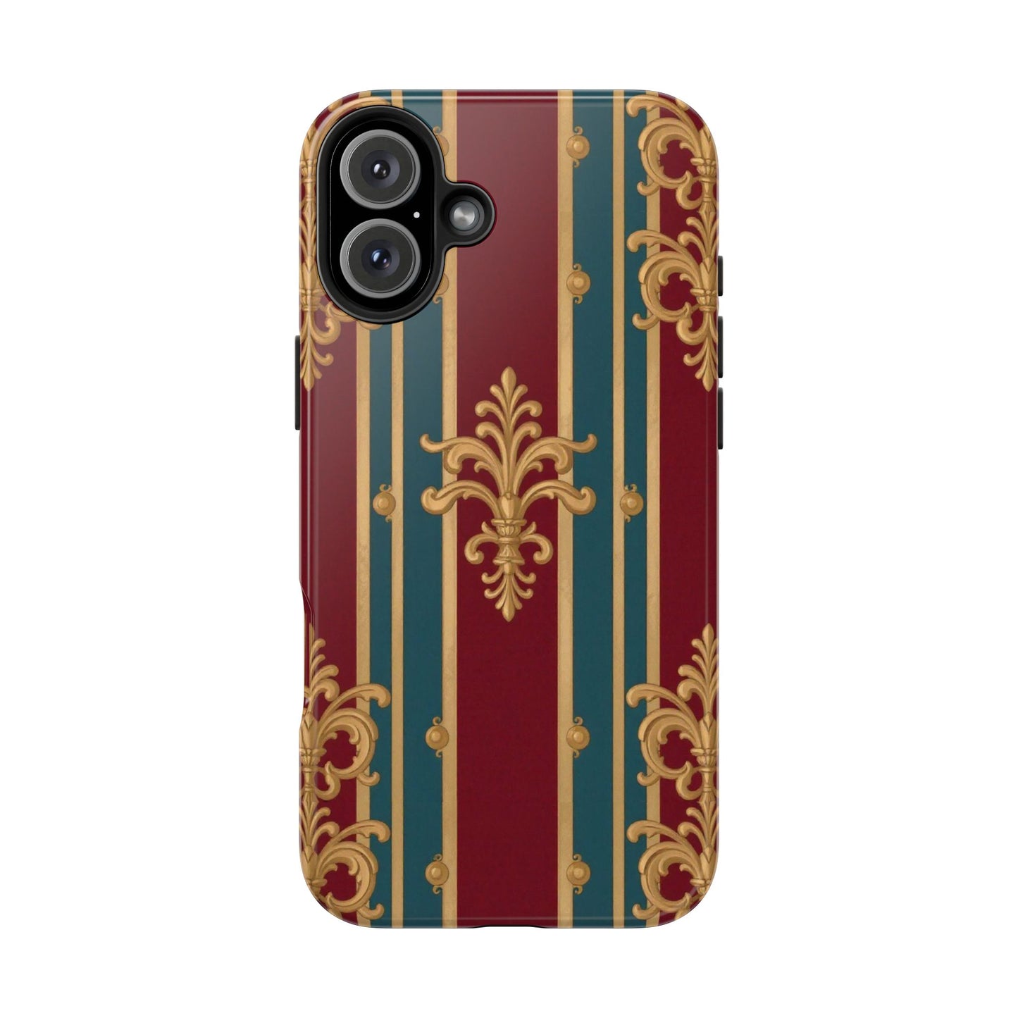 Elegant Vintage Tough Phone Case, Luxury Phone Protection, Stylish Phone Cover, Durable Phone Accessory - Burgundy Striped Gold Baroque