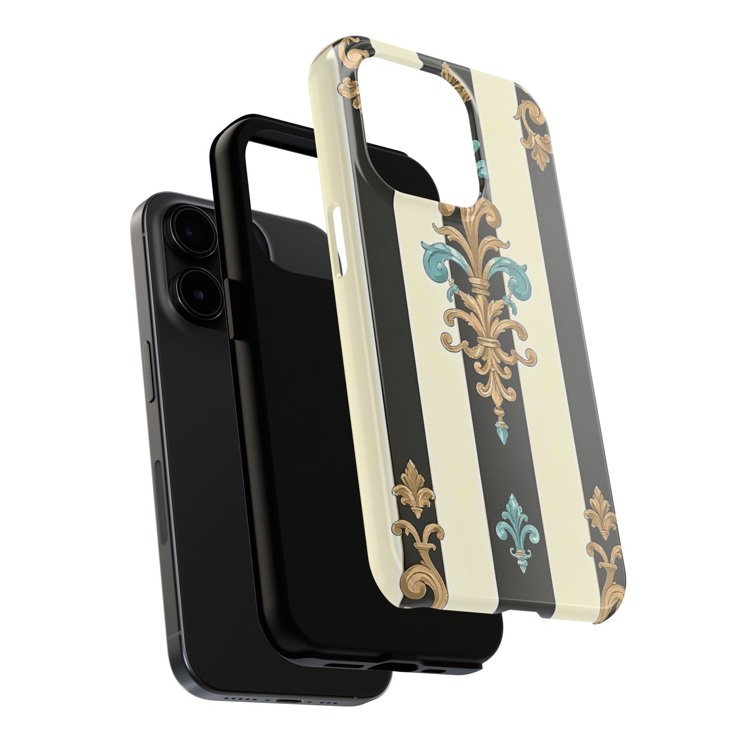 Elegant Vintage Tough Phone Cases, Stylish Phone Accessories, Quality Protection, Gifts for Her - Black Striped Turquoise & Black Rococo