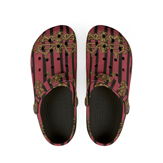 Chic Comfort EVA Foam Clogs, Stylish Slip-On Shoes for Home, Garden, and Casual Outings, Fashionable Footwear - Pink Striped Gold Rococo